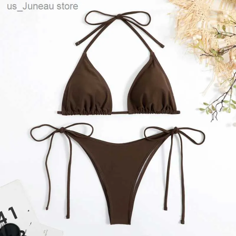 Mulheres Swimwear Sexy Mulheres Tanga Cor Sólida Bikini Set Side Halter Tie Swimsuit Senhoras Split Strap Ajustável Brasileiro Swimwear Beachwear T240330