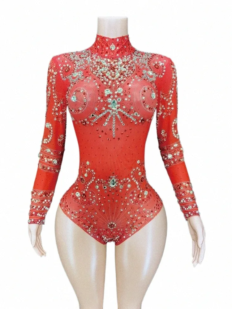 Cristais brilhantes Lg Manga Malha Transparente Bodysuit Sexy Traje de Dança Festa de Aniversário Noite Roupa Mulheres Collant Stage Wear k04S #