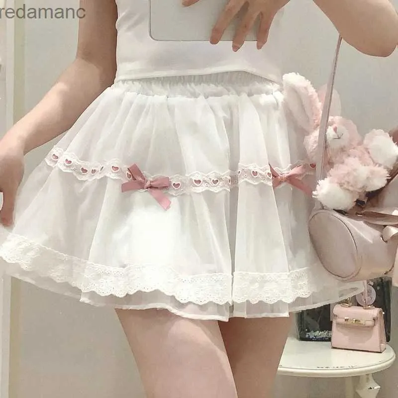 Saias Skorts Rosa Arco Japonês Kawaii Lolita Saias Mulheres Lace Ruffles Moda Coreana Saia Bonito Feminino Estilo Preppy Cintura Alta Saias de Fadas 240330