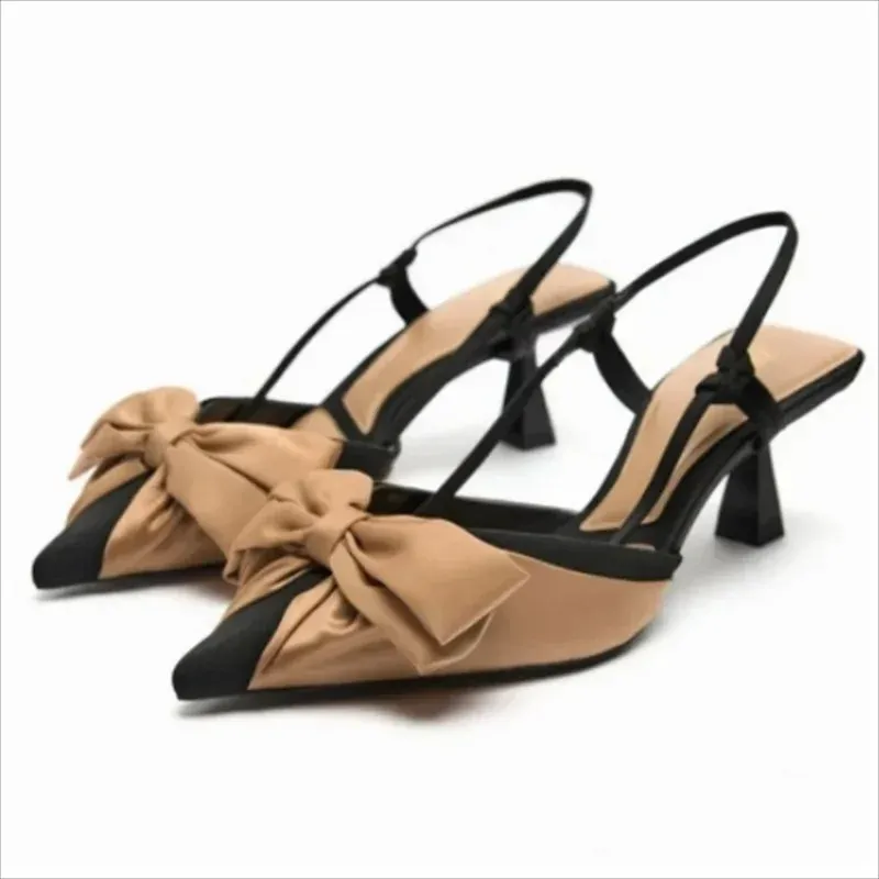 Traf Fashion Bow High Heeled Pumps for Elegant Plainted Toe Slingback Heels Stileettos Sandals 2024 Luxury Shoes 240322