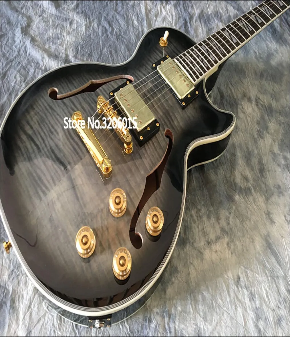 Chitarra elettrica Supre nera vintage Tiger Flame Maple Top Back Split Block MOP Inlay Globe Paletta Intarsio corpo semi cavo5725485