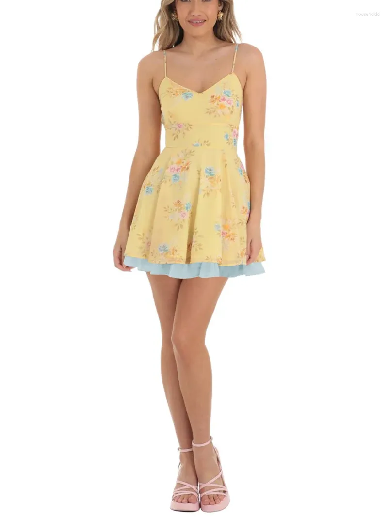Sukienki swobodne kobiety Y2K Summer A-Line Short Sukienka Kwiatowa druk w szpic w szyku w szyfrze Backless Fruffles Hem Cami Mini