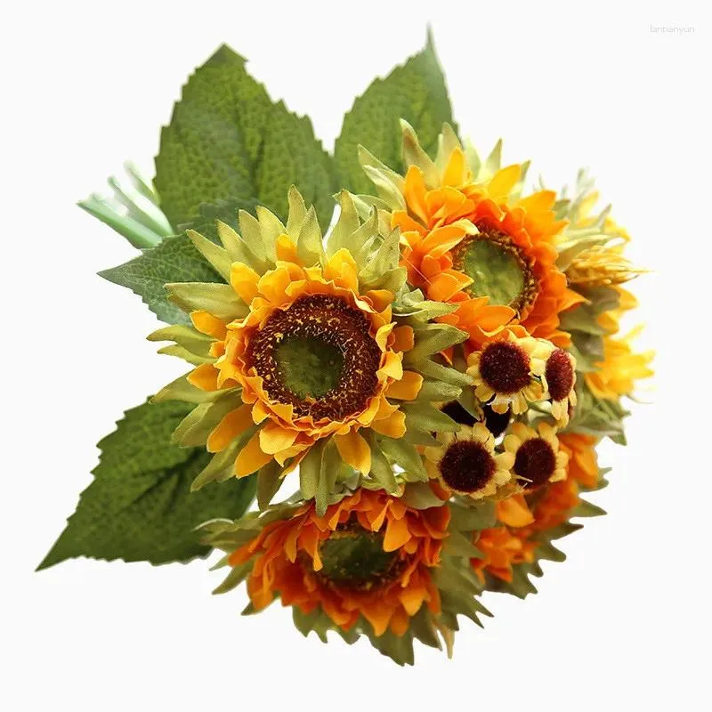 Flores decorativas artificial amarelo e laranja girassol ramo de flor falsa decoração de casamento casa pequeno buquê presente