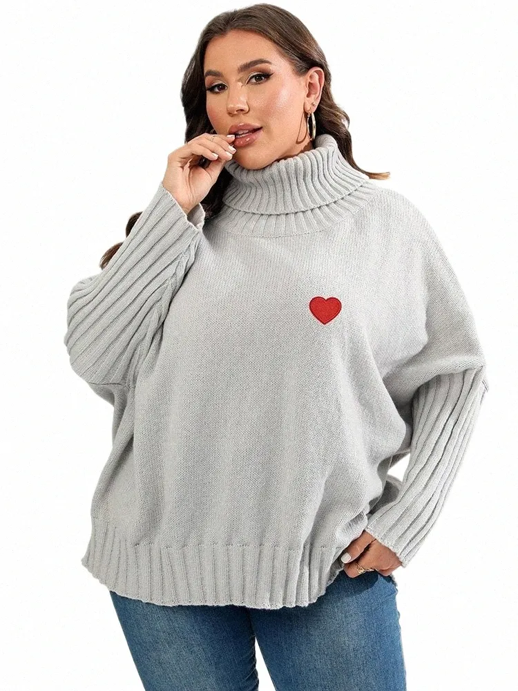 Gibsie Plus Size Cuore Ricamo Maglione dolcevita oversize Donna 2023 Autunno Inverno Fi Allentato Grigio Nero Pullover lavorato a maglia R5my #