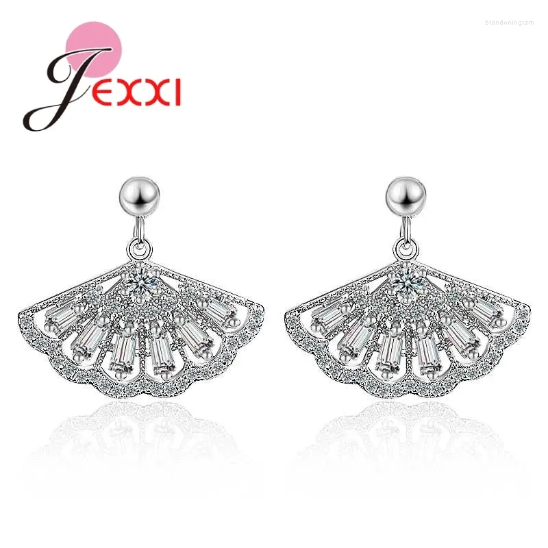 Pendientes de tuerca con forma de abanico de alta calidad para amantes, aniversario, joyería para fiesta de baile, Plata de Ley 925, CZ transparente