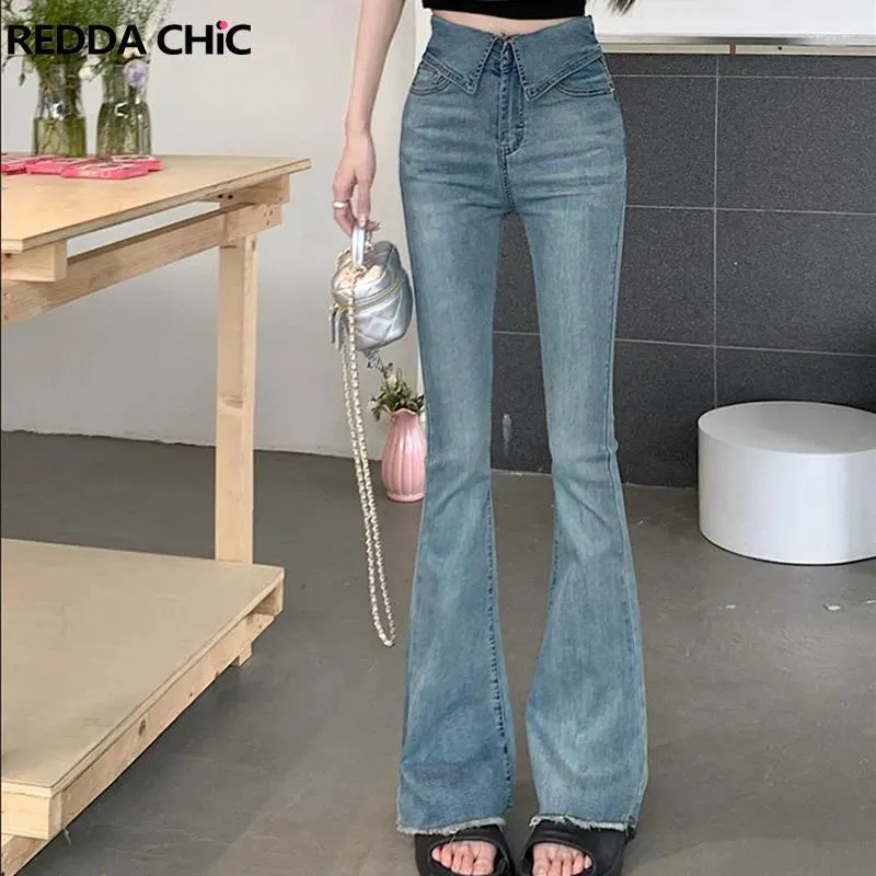 Jeans femininos reddachic flip azul liso mulheres flare vintage lavagem alta ascensão bootcut calças minimalista y2k denim calças coreano streetwear