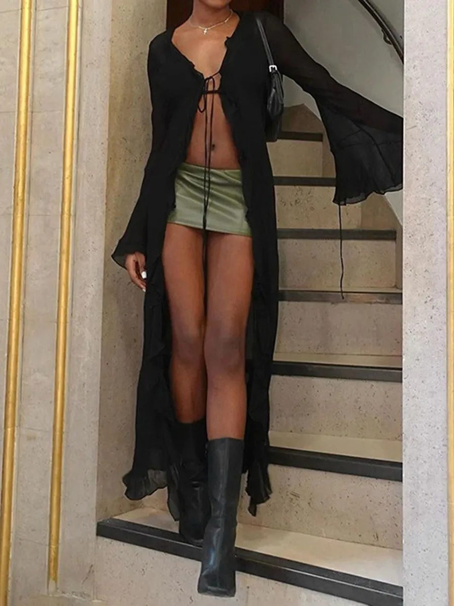 Save Big on Bulk Long Sleeved Cardigans Black Mesh Sheer Cardigan For Women  Tie Up, Long Sleeve, Ruffle Trim, See Through, Flare, Cover Up Best