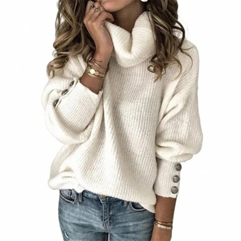 Plus -storlek Fible Bekväm avslappnad elegant Autumn och Winter Warm Solid Color High Collar LG Sleeved Sticked Shirt Top R3DK#