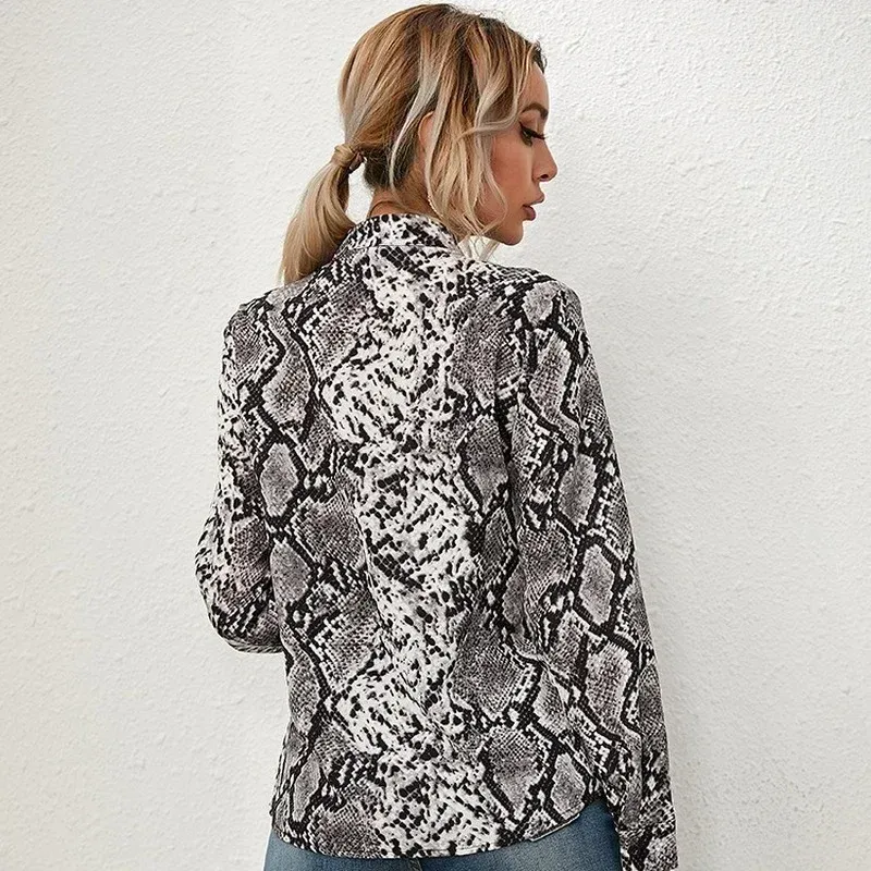 Vintage Snake Print V-neck Long Sleeve Top for Women from