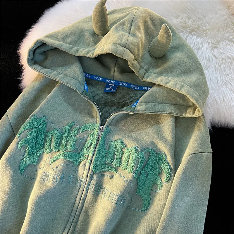 ddmydesign Oversized Little Cute Devil Horns Zip Up Hoodie Y2K Women Men Fall Long Sleeve Flocking Letter Hoodies Casual Zipper Jacket Coat