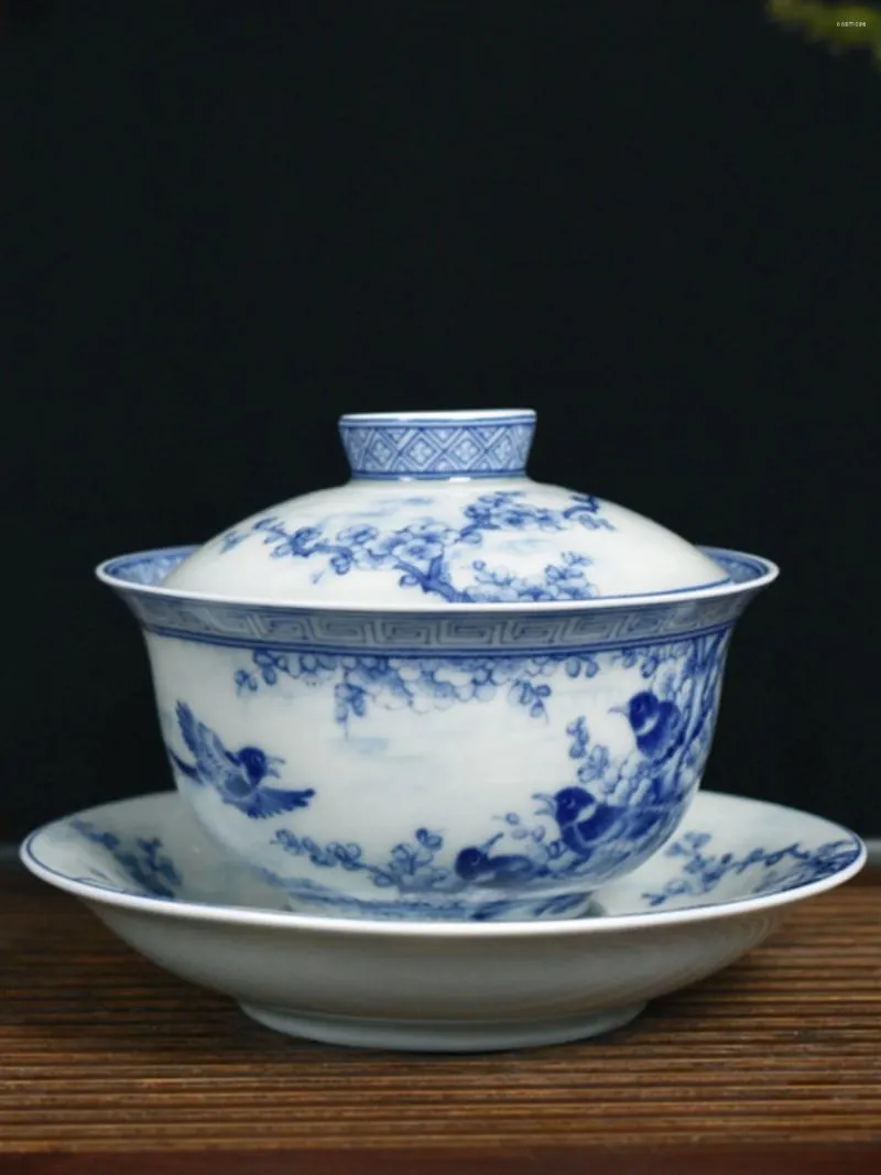 Наборы чайной посуды Цзиндэчжэнь, синий и белый фарфор Sancai, чаша с крышкой, керамический большой чайный сервиз, домашняя специальная чайная чашка
