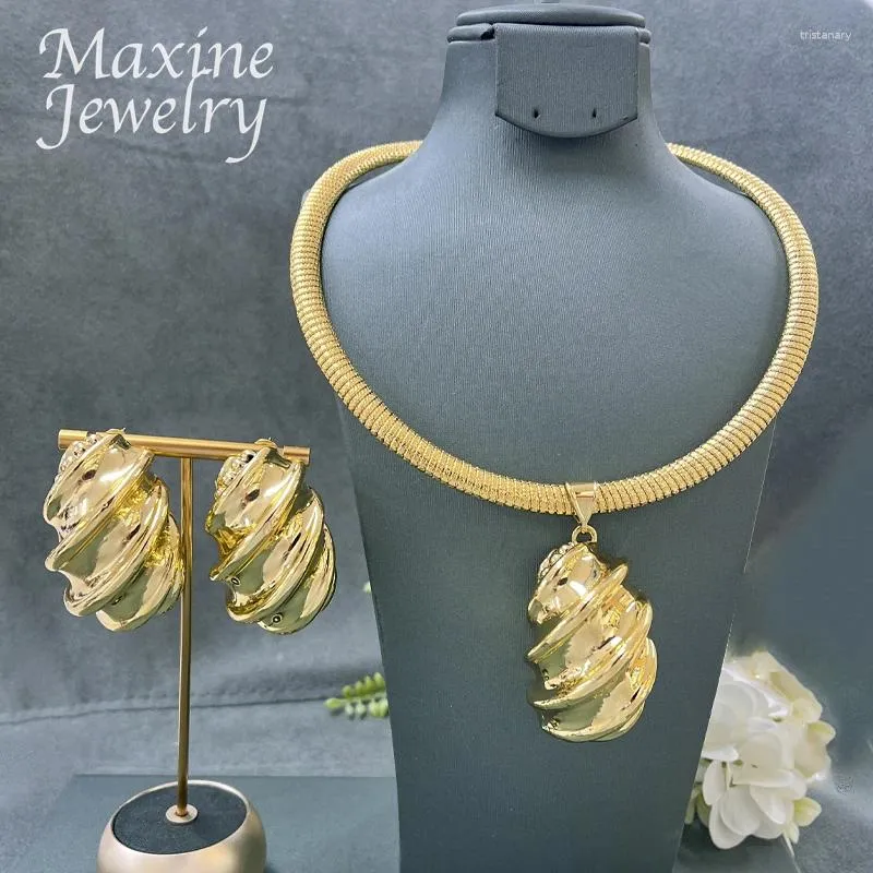 Ensemble collier et boucles d'oreilles, tenue quotidienne, tendance dubaï, pendentif en spirale plaqué or 24 carats, bijoux de fête dorée, cadeaux de mariage pour mariée africaine