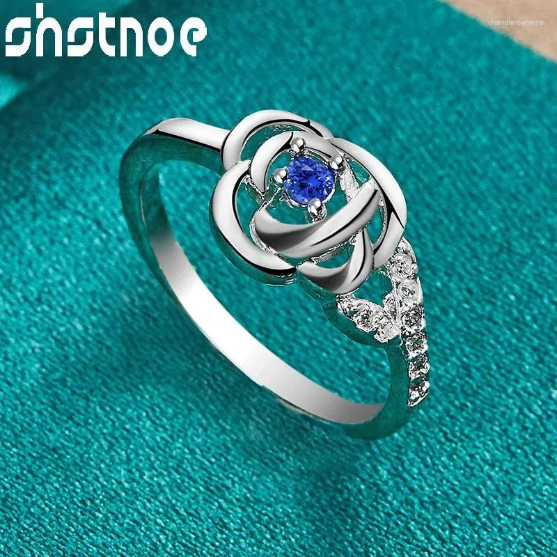 Cluster Rings Shstone 925 Sterling Silver Blue Zircon Crystal Flower for Women Engagement Wedding Birthday Party Fashion Jewets Gifts