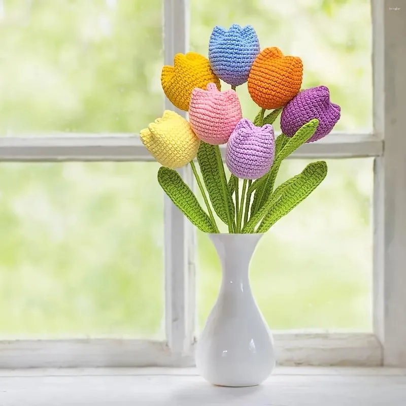 Fleurs décoratives 7 pièces tulipe artificielle faux Crochet fleur Bouquet Table pièce maîtresse cadeaux pour les femmes