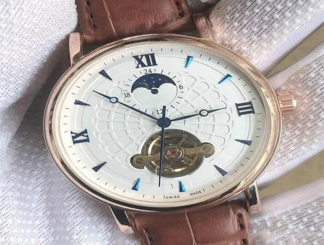 Topp mode automatiska mekaniska män klockor Tourbillon Sun Moon Star armbandsur vattentät läderband Män titta på gåva armbandw7771915