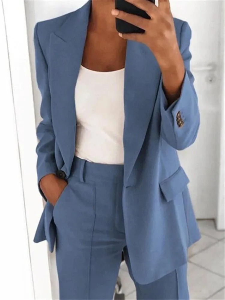 Costume veste femmes Blazer deux pièces ensemble tissu solide bureau dame vêtements manches longues pardessus automne hiver tempérament tenue 240329