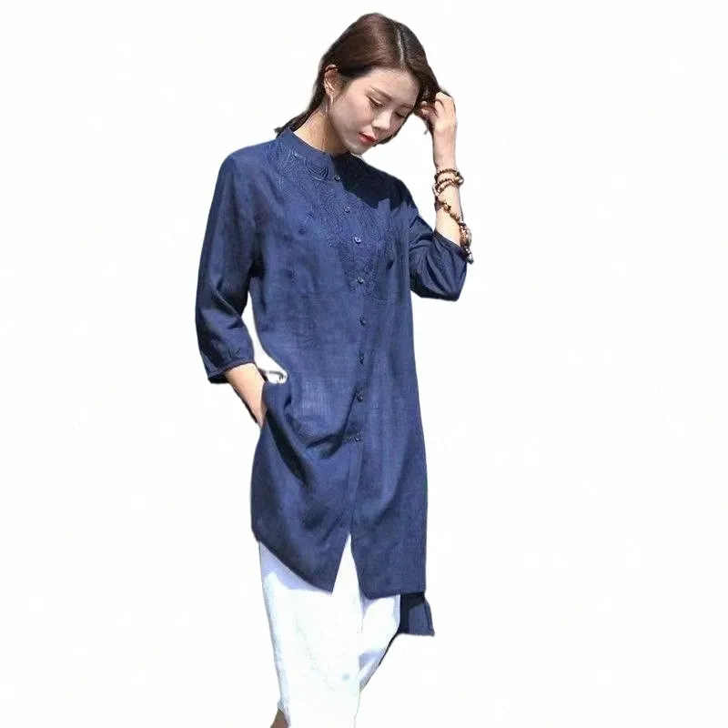 new Embroidered Cott Linen Robe Lg Shirt Loose Artistic Chinese Traditial Women's Top Comfortable Summer Retro Lg Skirt e12S#