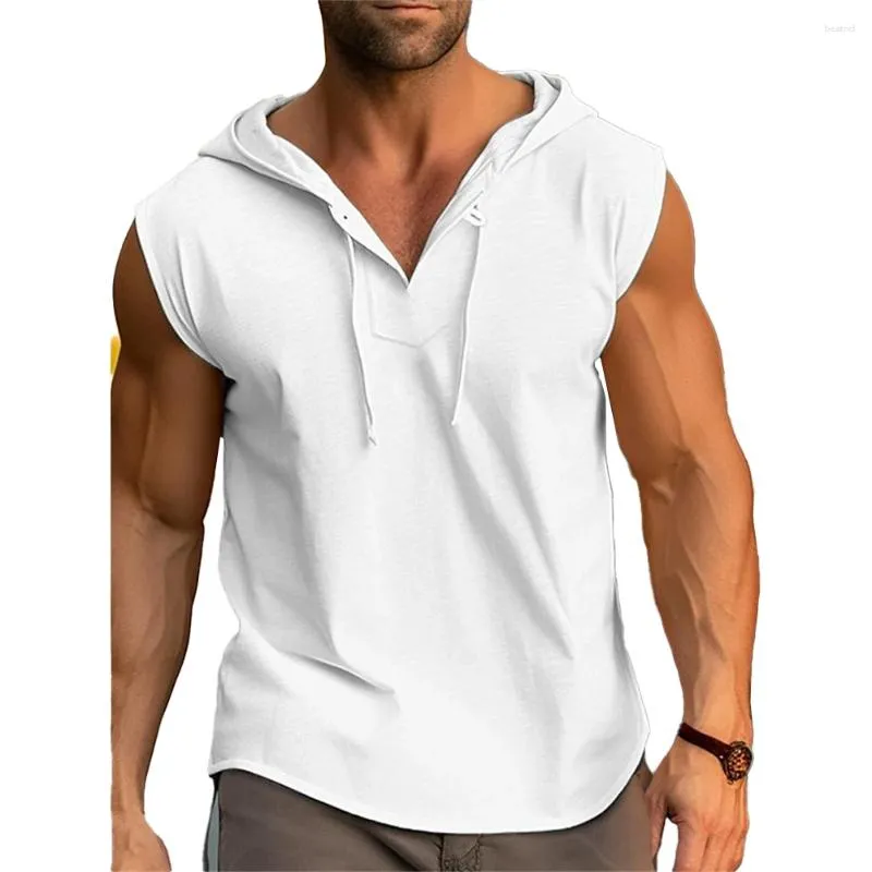 Regatas masculinas camisetas masculinas com decote em v colete resistente ao desgaste respirável casual cordão durável fitness com capuz esportes moda