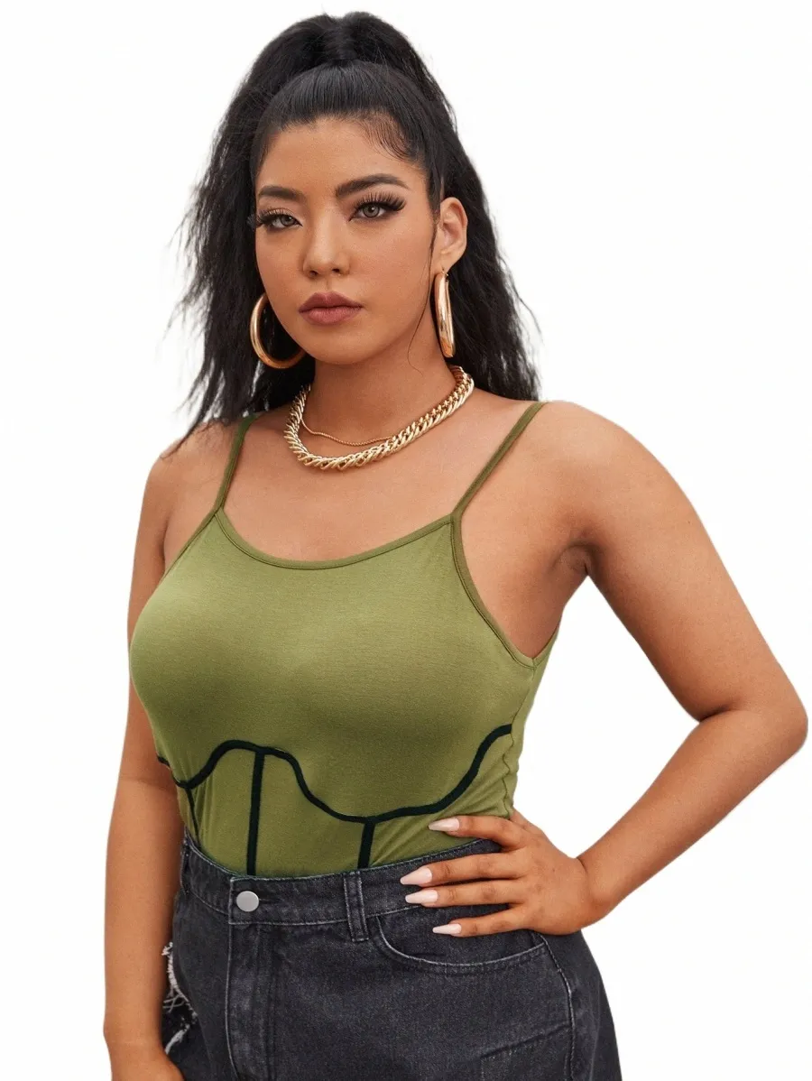plus Size Sexy Summer Corset Detail Crop Tops Women Army Green Slim Strap Cami Tank Female Large Size Color Blocked Tops 6XL 7XL p5zc#