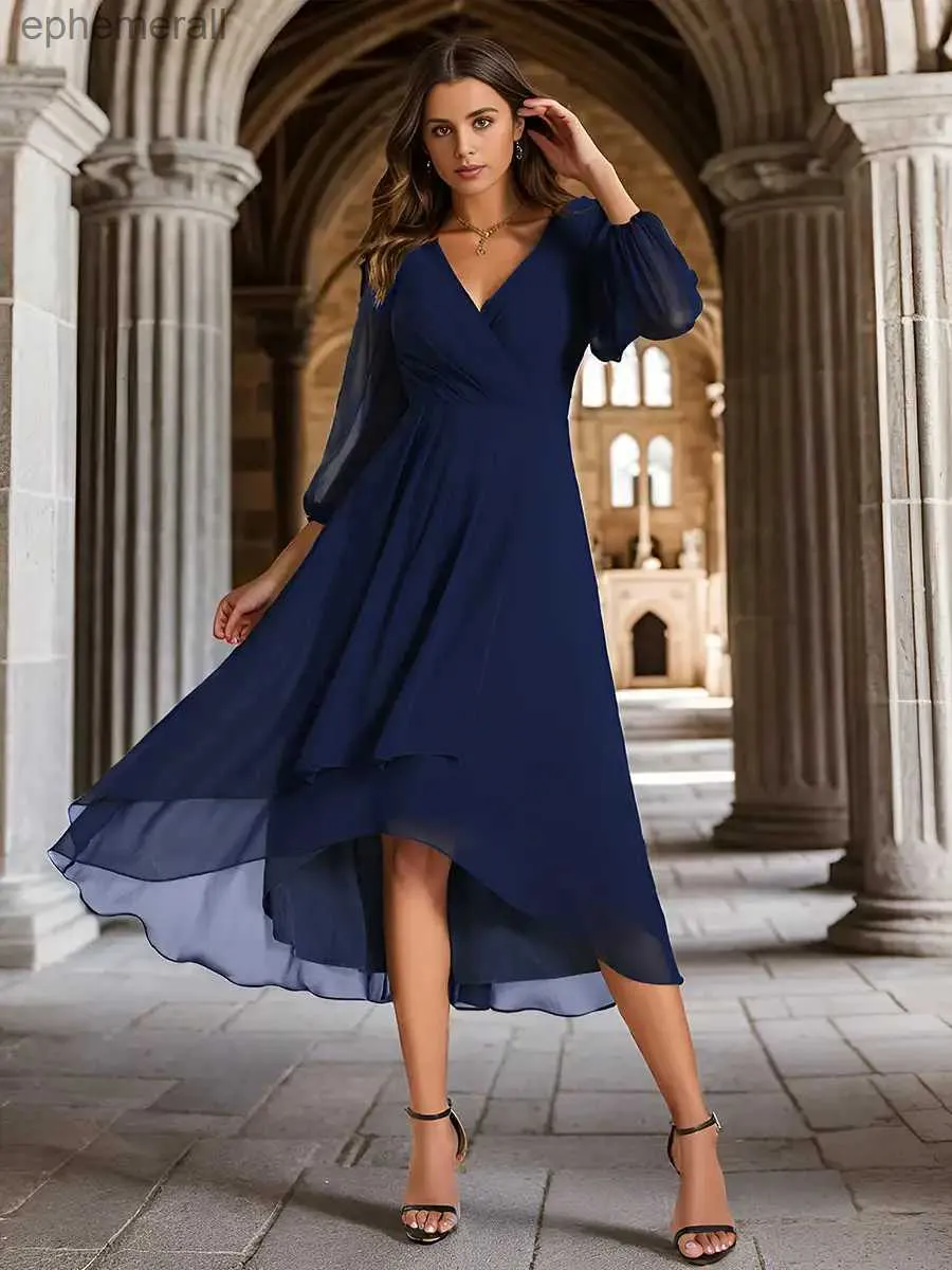 Urban Sexy Dresses Elegant Evening Dress Long Sleeves Pleated Ruffles Knee-Length 2024 Ever Pretty of Chiffon Navy Blue Wedding Guest yq240330