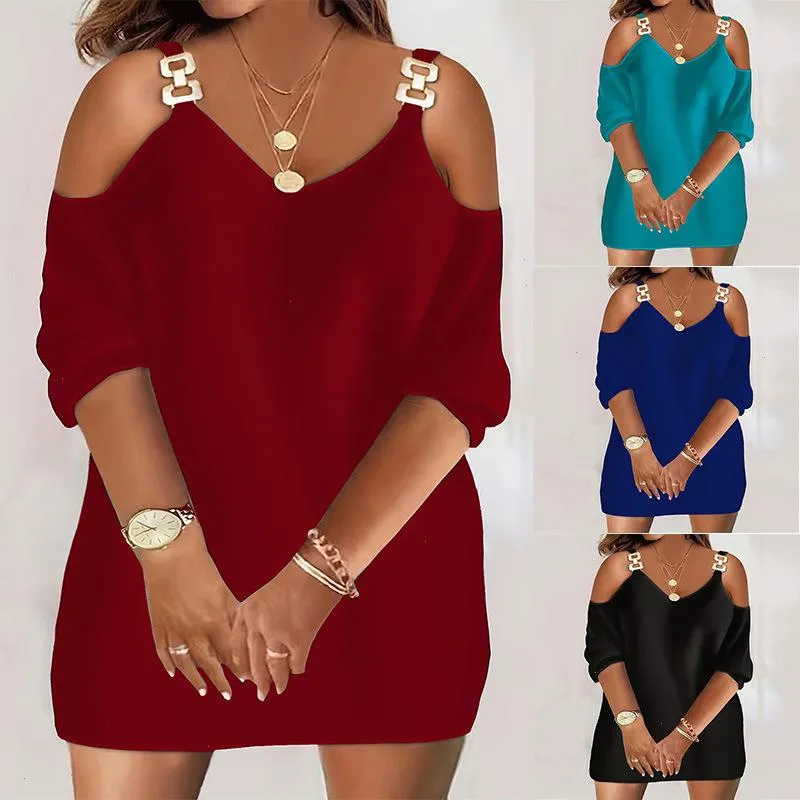 Summer Solid Color V Neck Strap Off The Shoulder Womens Plus Size Dress
