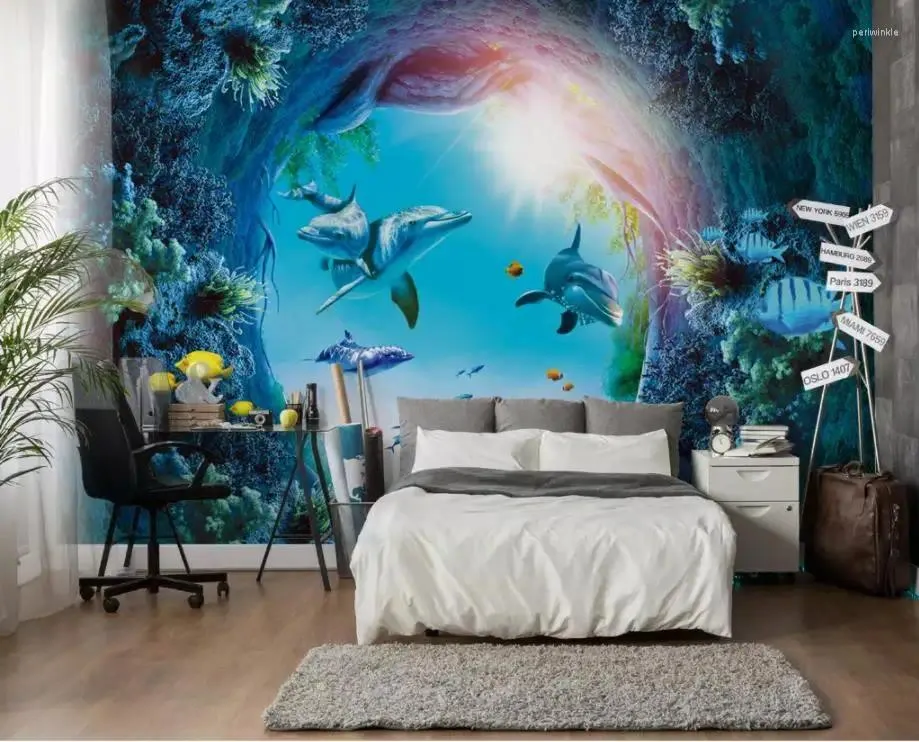 Sfondi Rotoli di carta da parati 3D per pareti Mondo sottomarino Delfino Murale Sfondo TV Soggiorno Camera da letto