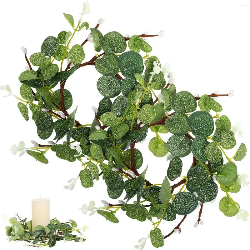 Couronne de fleurs décoratives, 2 pièces, petit pilier de printemps, anneaux de bougies, support de couronnes d'eucalyptus miniatures, fausses bougies coniques