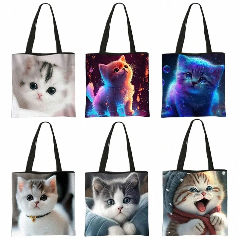 söt katttryck tygväska kattunge butik väska felinae/siamese katt handväska axelväska stor kapacitet totes shopper c4qm#