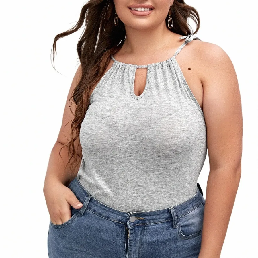 Plus Size Sexy Hater Neck Verão Casual Top Mulheres Tie Detalhe Keyhole Frt Work Office Tank Feminino Tamanho Grande Street Beach Cami p1LK #