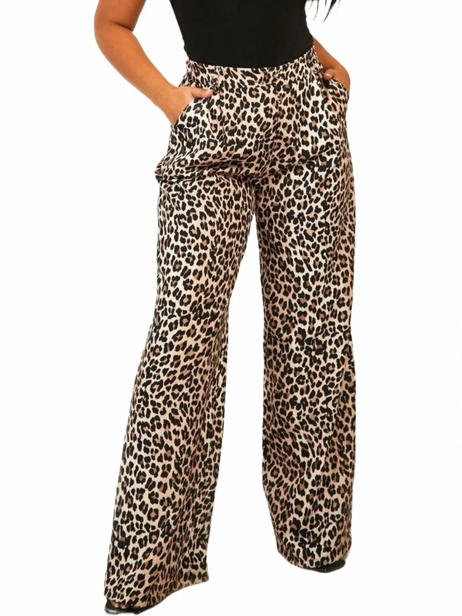 Pantaloni oversize casual con stampa leopardata da donna con tasche elastiche in vita Pantaloni larghi all'ingrosso P15g #