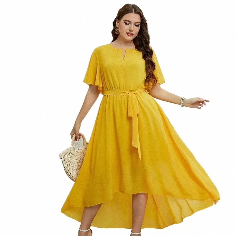 nuovi arrivi Maniche corte Abbigliamento per donna O-Collo Fondo irregolare Giallo Lg Dr Due strati Plus Size Dres R3kR #