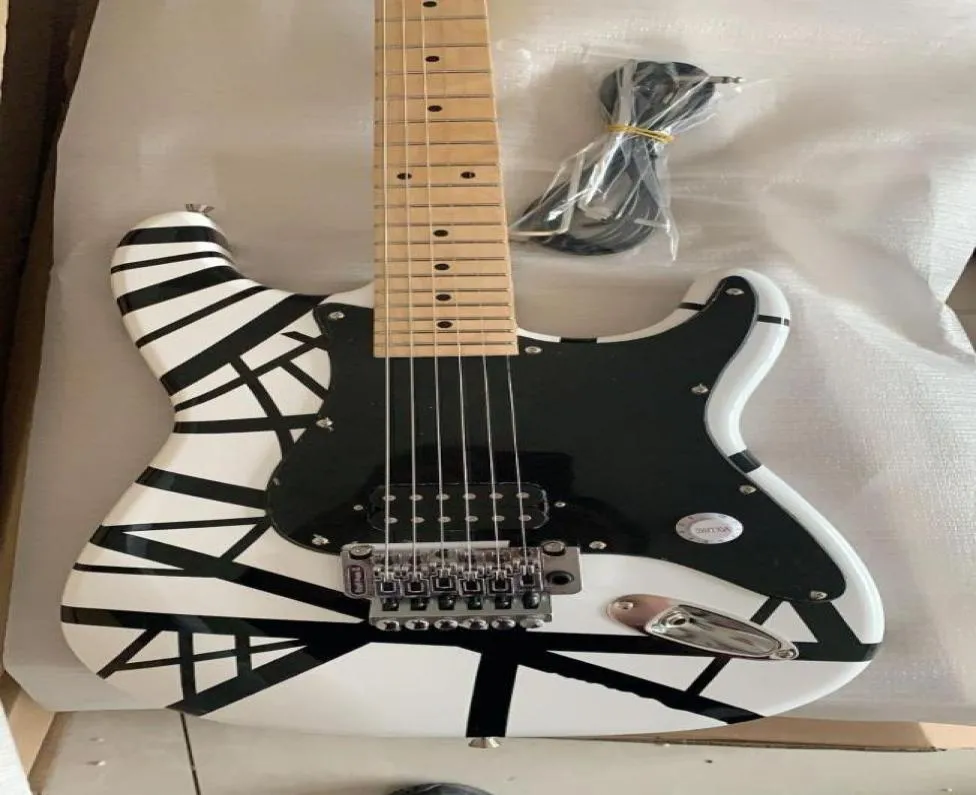 프로모션 Edward Eddie van Halen White Black Striped Electric Guitar Floyd Rose Tremolo Bridge 잠금 너트 메이플 목 손가락 B5266665