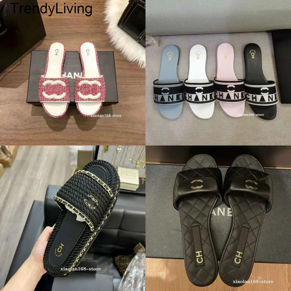 Nieuwe 24ssDesigner Sandalen Kanaal Damespantoffels Gebreid stroslipper Luxe vrouwelijke muilezels Flats Slippers Strand Dikke hak Slippers Zomer damesschoenen pantoffel