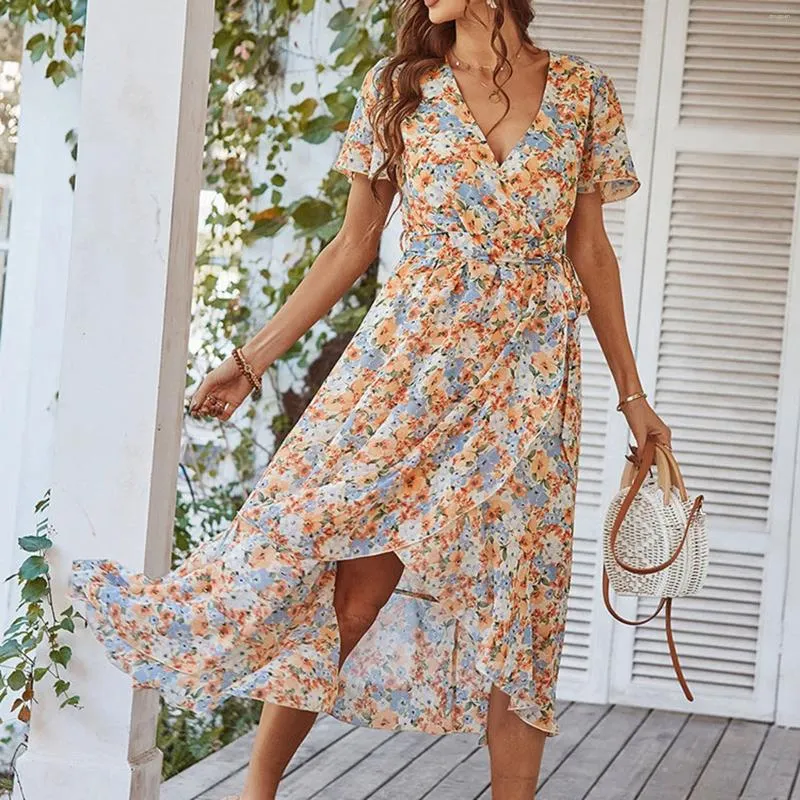 Robes décontractées Femmes Floral Print Boho Robe d'été Wrap Col V Volant Ceinturé Une ligne Flowy Maxi Robes Mujer Verano 2024