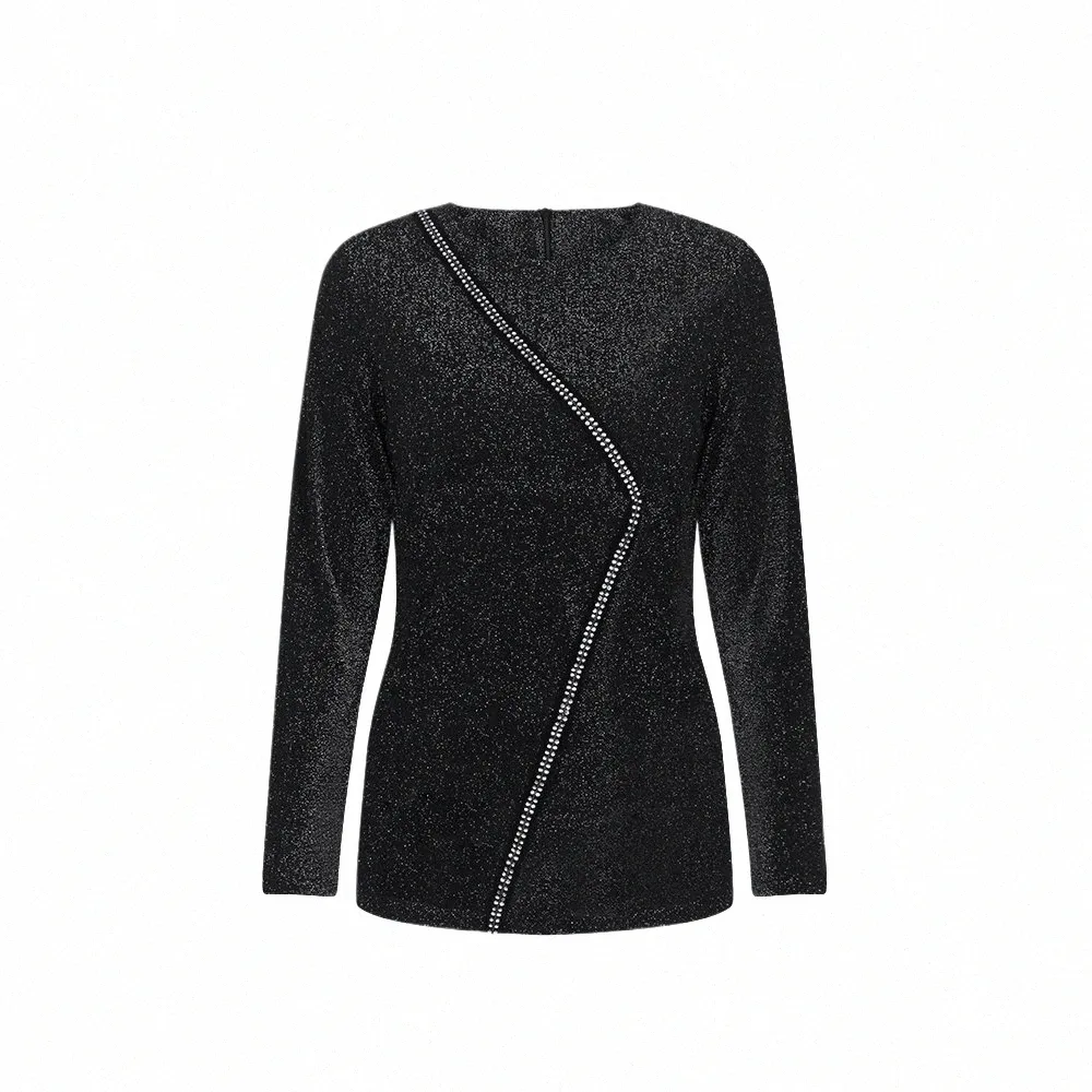 Ytl Shinning LG Sleeve O-deter-damek Plus size Diamd Diamd Decorati Elegancka jesienna koszula Blouse W041 C0FR#