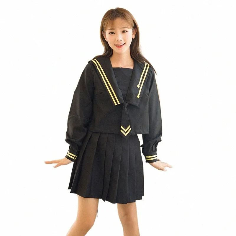 Japonais doux météore broderie marine style marin costume lg manches jk uniforme étudiant jupe plissée femme printemps été costume W1tY #