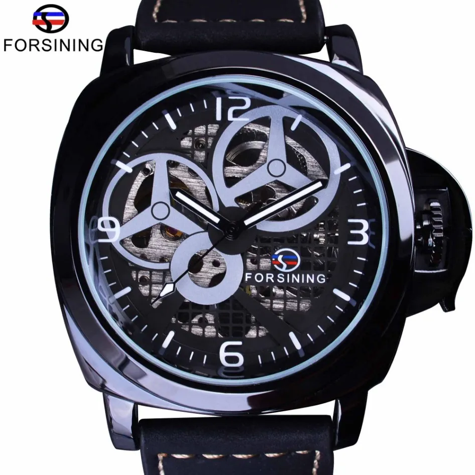 Forsining Full Black Watch szkielet szkieletowy Windmill Designer zamszowy pasek wojskowy Zegarek Watch Watch Top Marka Luksusowy automatyczny nadgarstek W2372