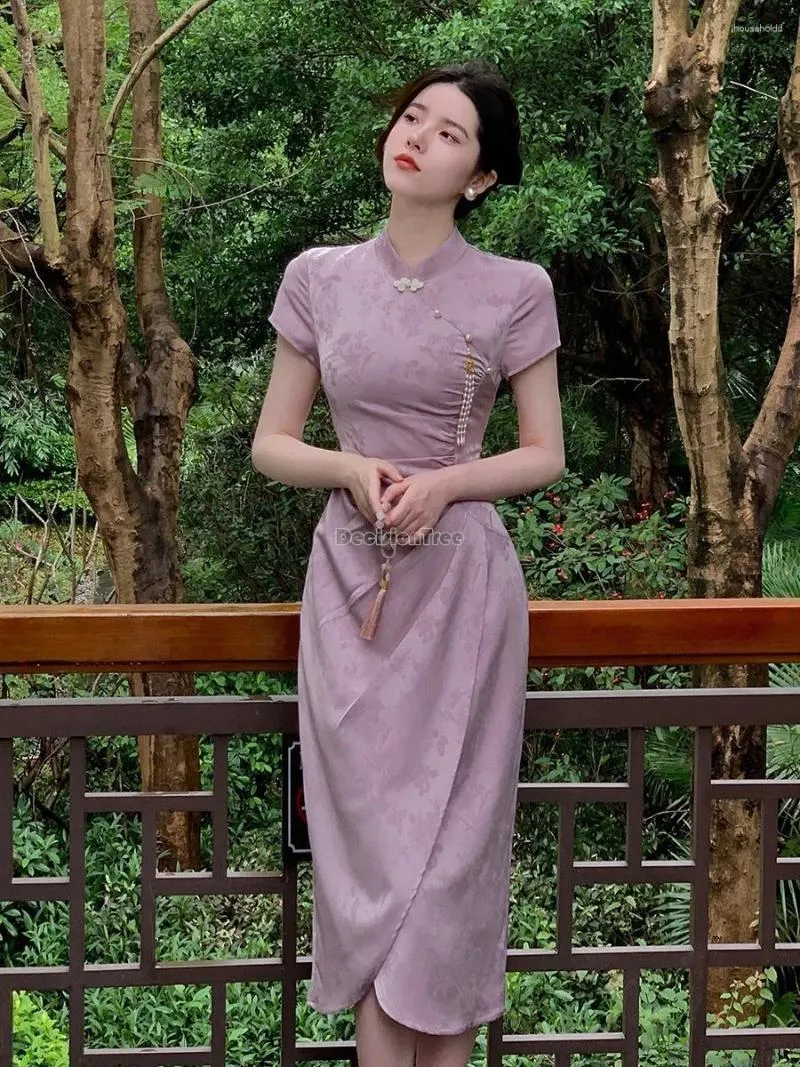 Ubranie etniczne 2024 Summer Chin Codziennie Ulepszony Qipao krótki rękaw fioletowy żakardowy talia sukienka w stylu Cheongsam