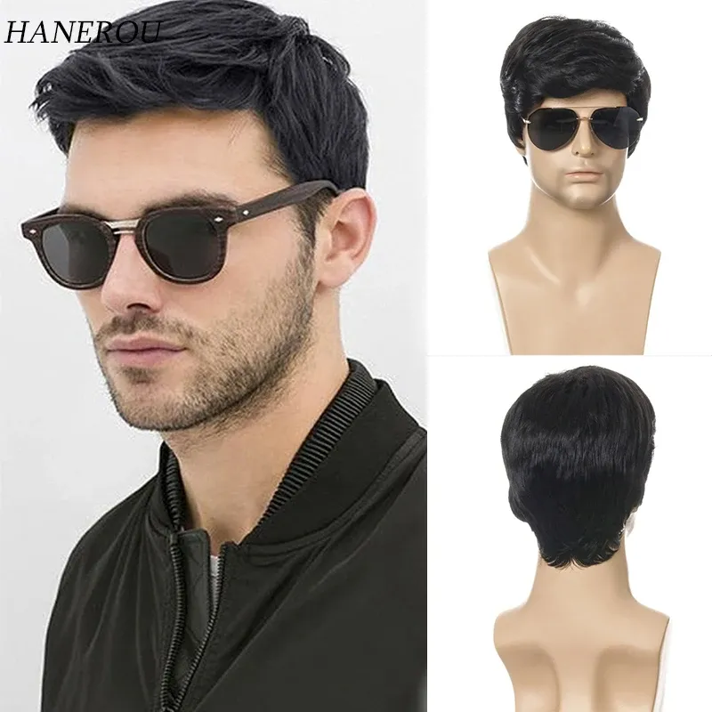 Perucas homem perucas sintéticas natural preto curto encaracolado perucas com fibra de alta temperatura uso diário moda penteado masculino cabelo falso