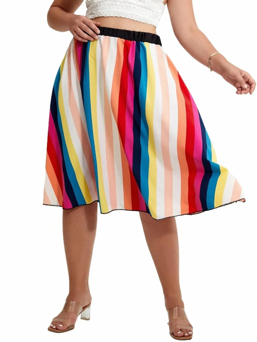 Tallas grandes Falda elegante de verano Mujeres Cintura elástica Vertical Raya del arco iris Costura Una línea Falda midi Mujer Falda de gran tamaño 5XL J82C #