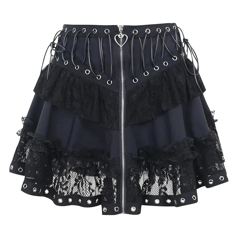 Japansk stil kawaii svart harajuku gotisk skater cosplay mini kjolar blixtlås främre kvinnor punk vintage hög var kjol 240326