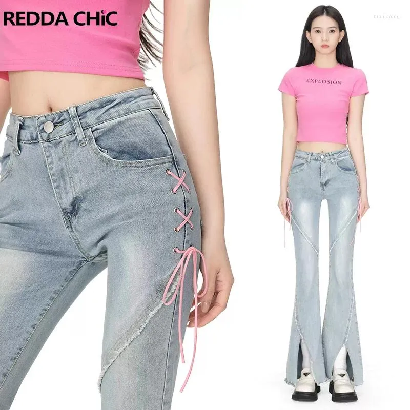 Jeans femininos reddachic bandagem fenda mulheres calças acubi y2k flare retro cinza azul bootcut calças estiramento alto menina amigável bell bottoms