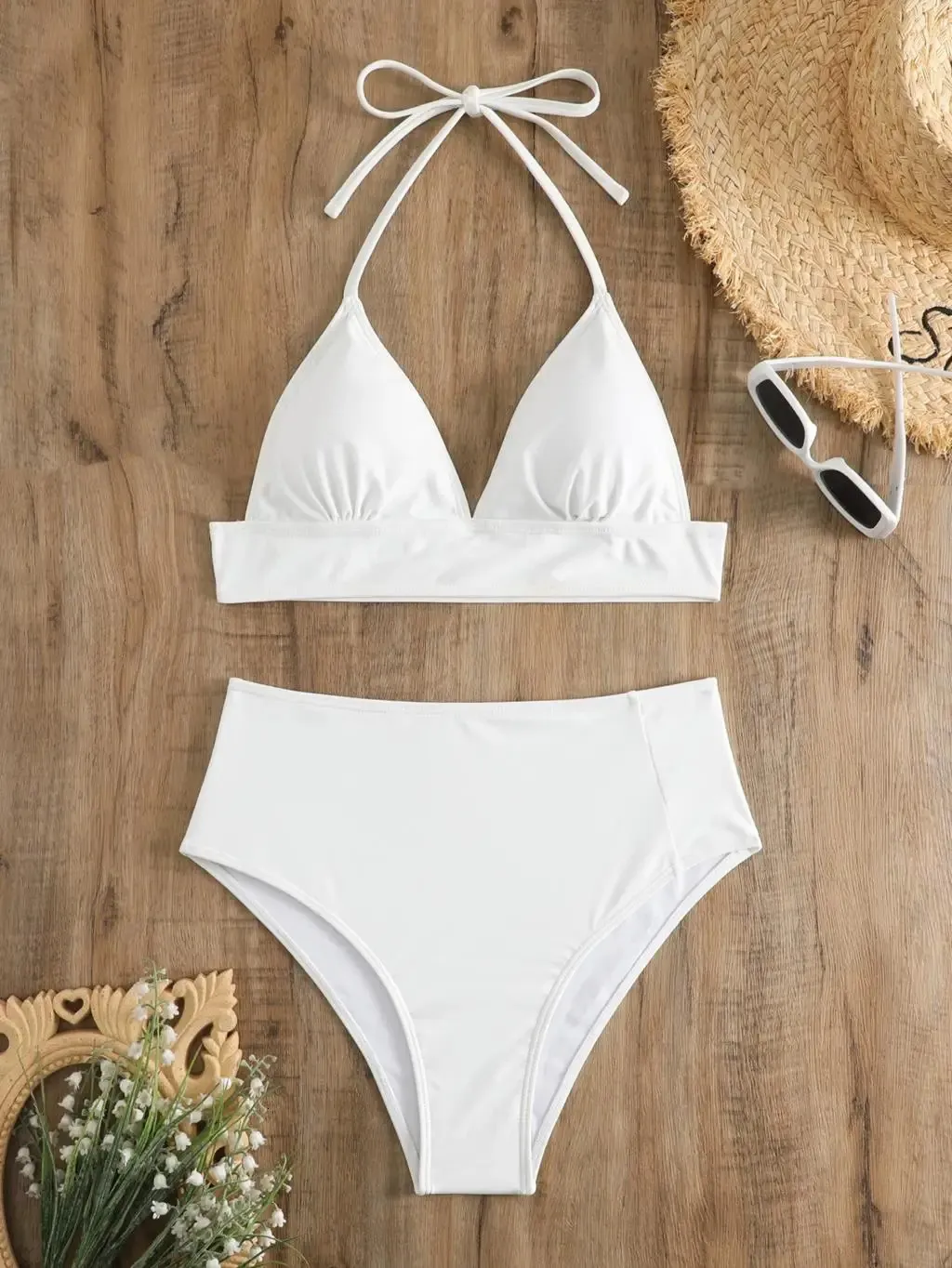 High Waist Bikini Solid White Swimsuit Women Halter Swimwear Female Bathers Bathing Swimming Swim Suit Beachwear 240321