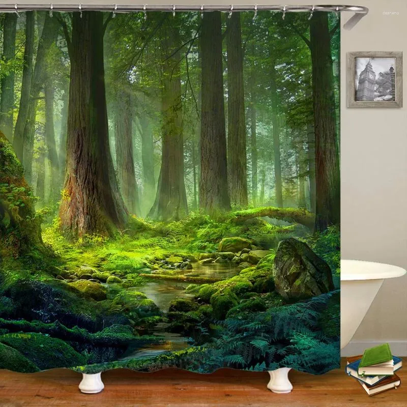 Rideaux de douche Forêt brumeuse Style nordique avec crochets Tissu imperméable Vert Paysage naturel Décoration de la maison Rideau de salle de bain
