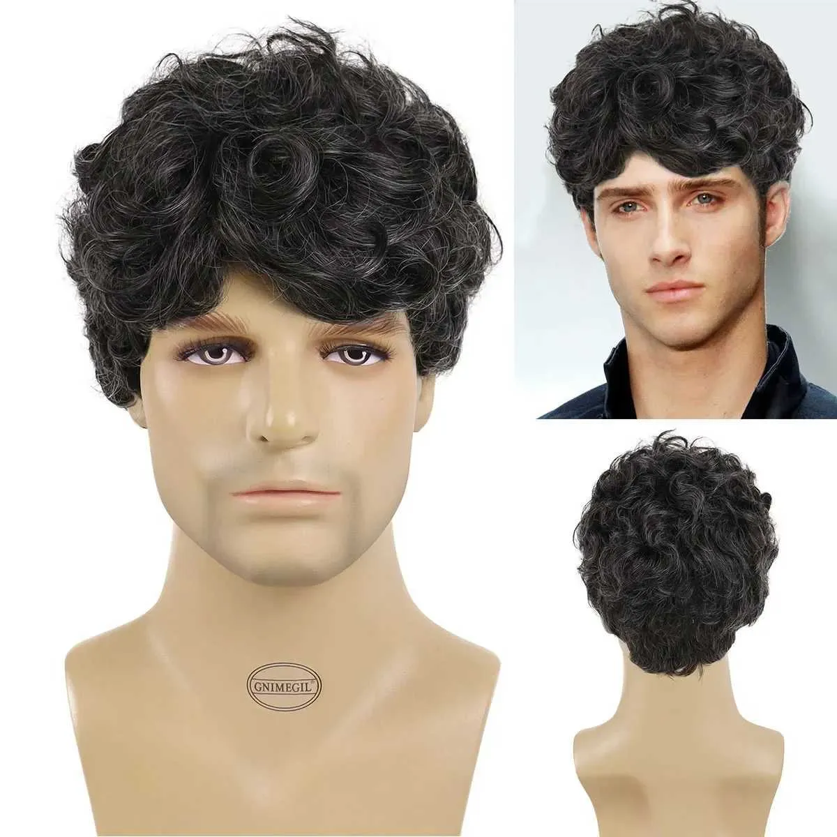 Nxy Vhair Wigs Gnimegil Synthetic Man Wig Black Mix Grey Hair Short Curly for Male Father Gift Natural Heat Resistant Cosplay Party 240330