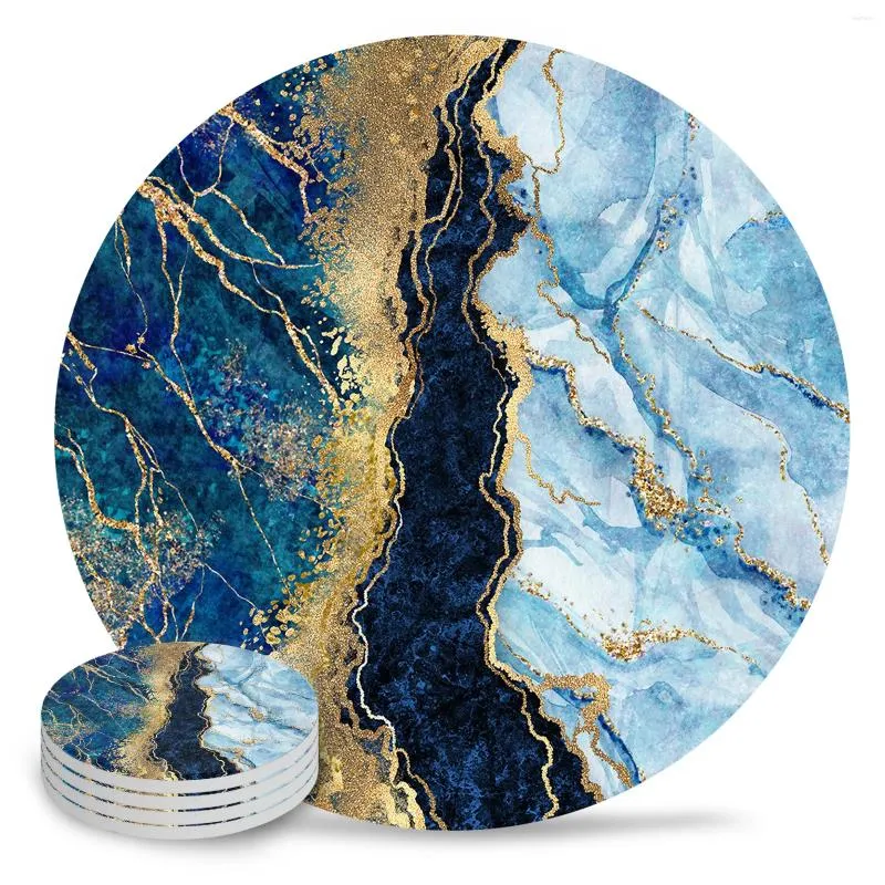 Bordmattor Abstract Blue Marble Round Coffee Kitchen Accessories Absorberande keramiska daler