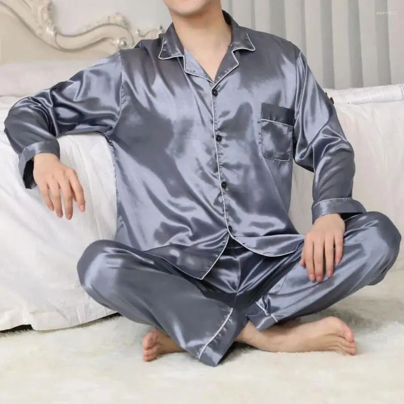 Ropa de casa hombres Pajama juego de ropa de dormir solapa de satén para hombres con camisa de manga larga pantalones de pierna ancha suave ropa de hogar para otoño