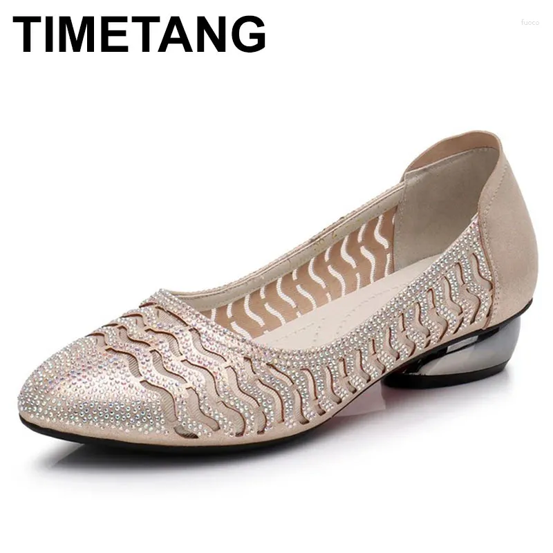 Casual Shoes TIMETANG Women High Heel Hollow Summer Genuine Leather Woman Fashion Low Heels Plus Size 34-43