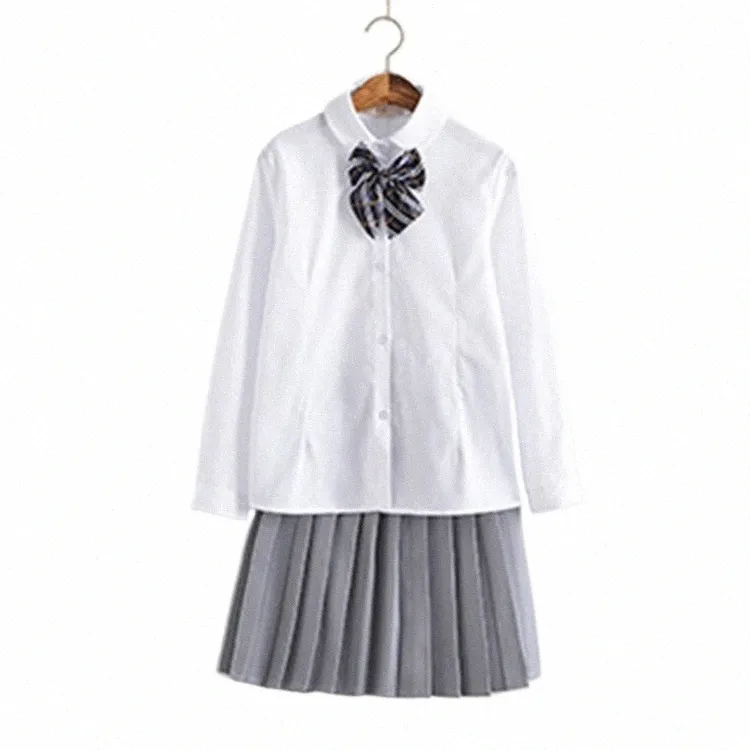 Mulheres JK Sailor High School Student Dr Uniform Girl Bonito Japão Estilo Preppy Branco Top Cinza Saia Curta Plissada 95G9 #