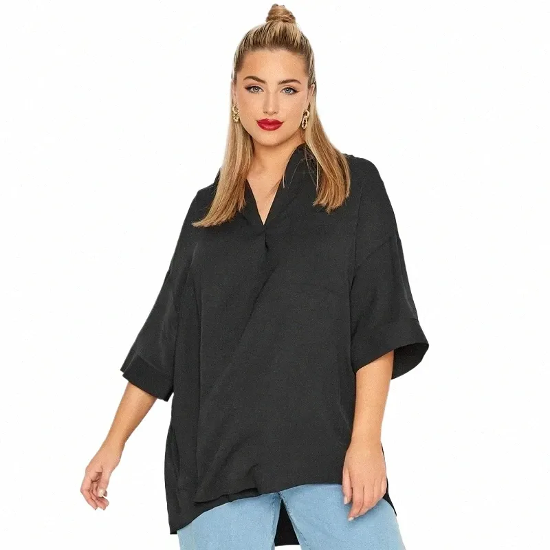 plus Size V-neck Spring Autumn Elegant Hi Low Blouse Women Loose 3/4 Sleeve Black Tunic Tops Large Size Blouse And Tops Shirt 6X C5ho#